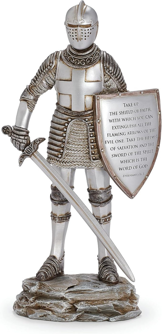 Roman Armor of God Knight Statue with Shield and Sword, Ephesians 6:16-17 Scripture Figurine, 12" H Christian Home Décor
