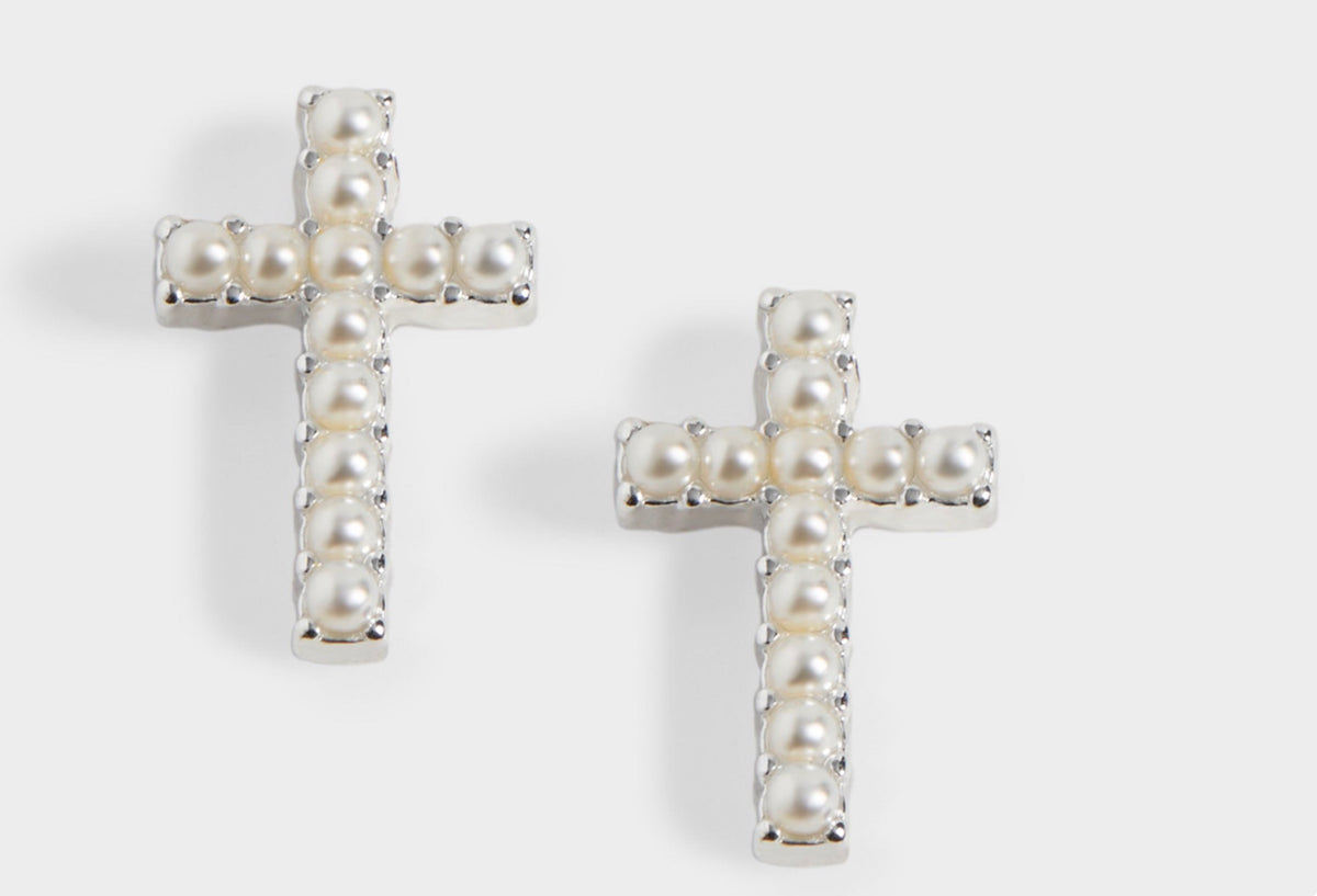 SMALL CROSS W/ PEARLS STUD EARRINGS - SILVER