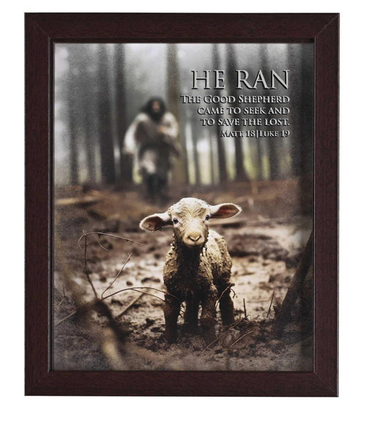 FRAMED ART LAMB 8X10 HE RAN MATT18:12-14