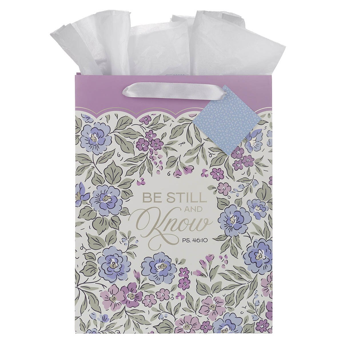 Be Still and Know Blue Floral Large Portrait Gift Bag - Psalm 46:10