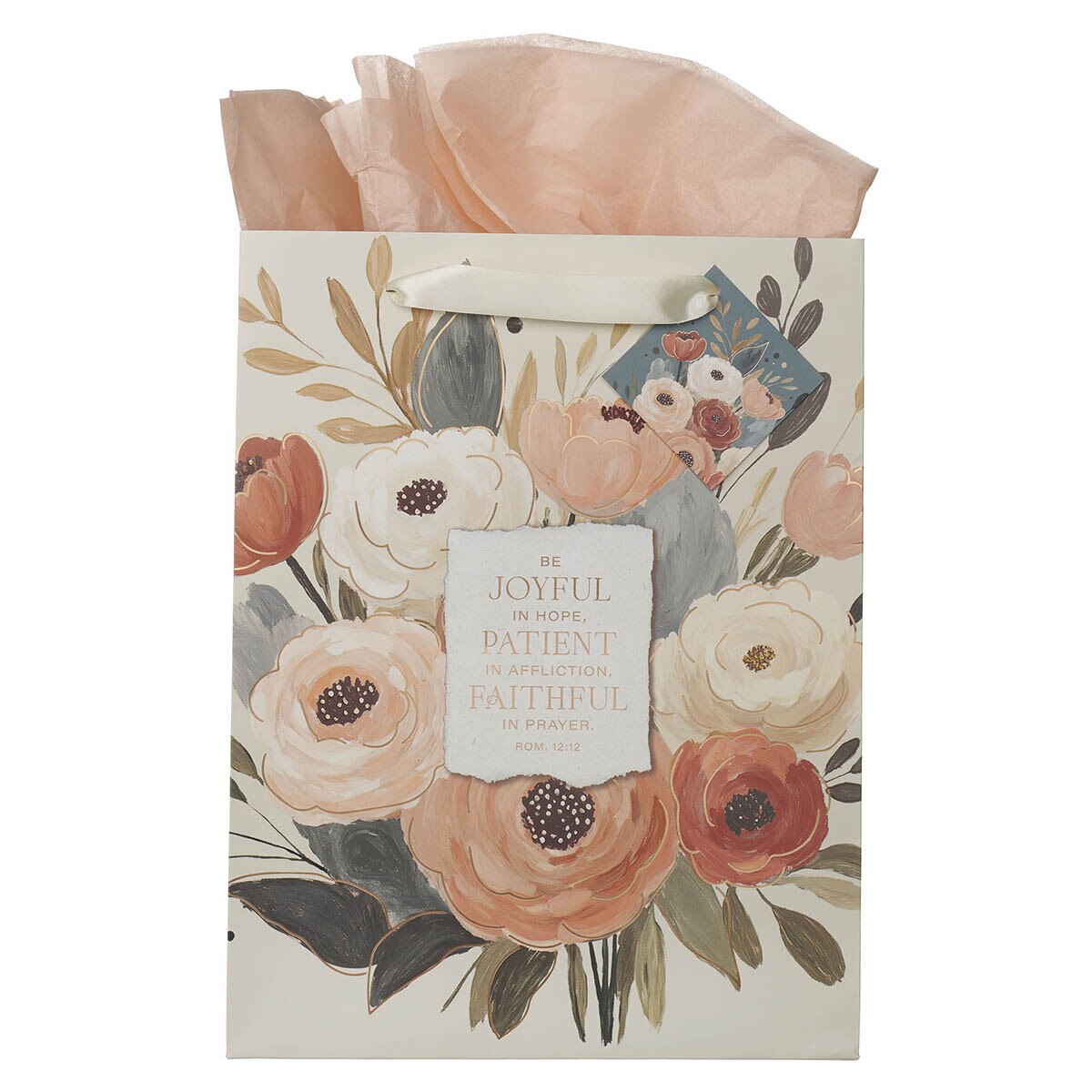 Joyful Patient Faithful Heirloom Floral Large Portrait Gift Bag - Romans 12:12