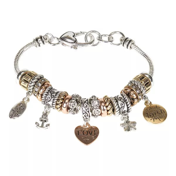 Bracelet-  Gold Hope Love Faith and Silver Accents, Silver Plated