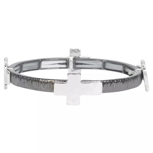 Hammered Silver Cross with Textured Gunmetal Tile Stretch Bracelet