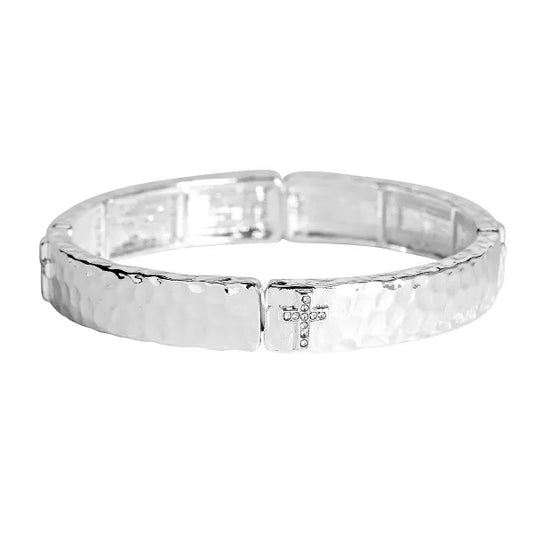 Hammered Silver Cross Stretch Bracelet