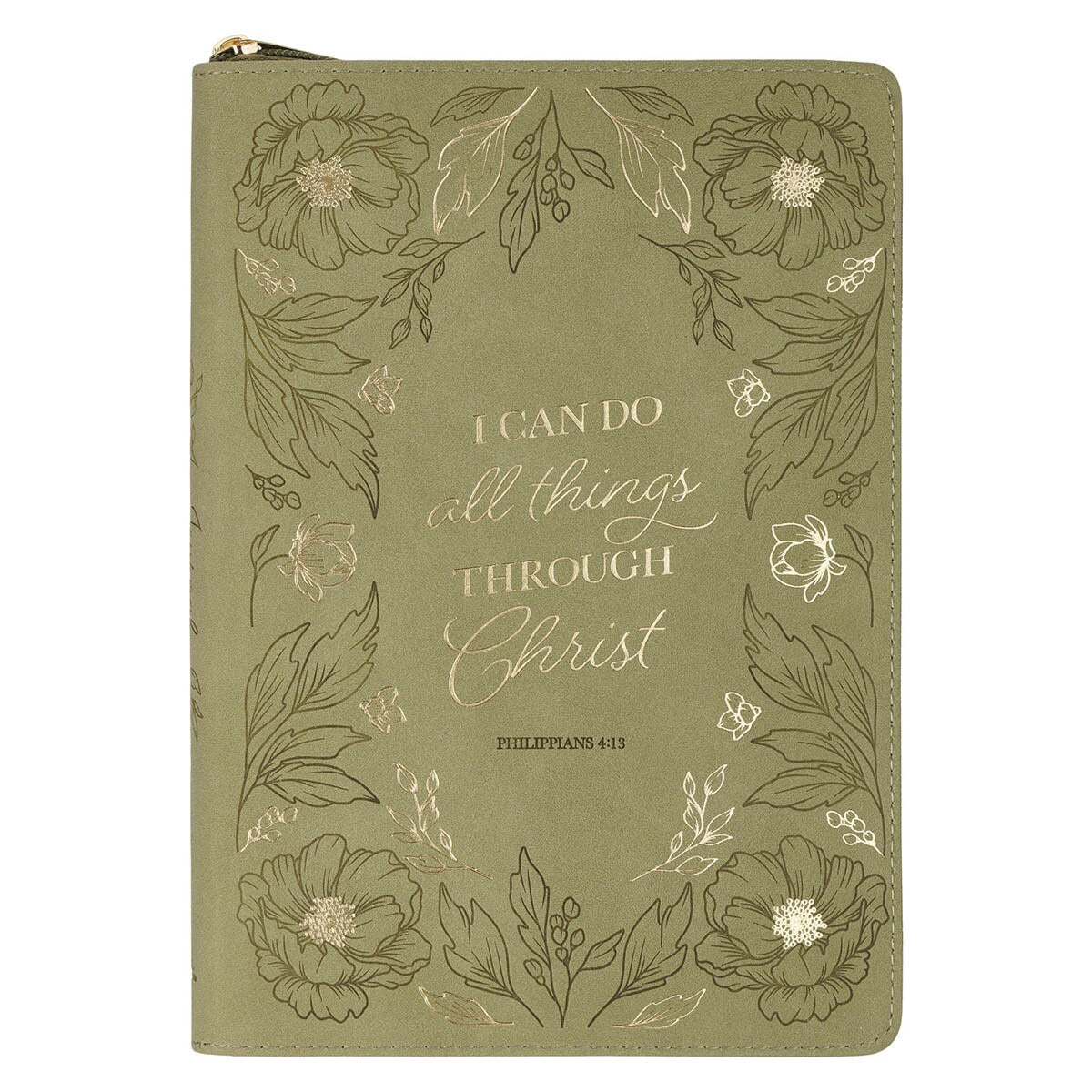 All Things Green Floral Faux Leather Classic Journal with Zipper Closure - Philippians 4:13