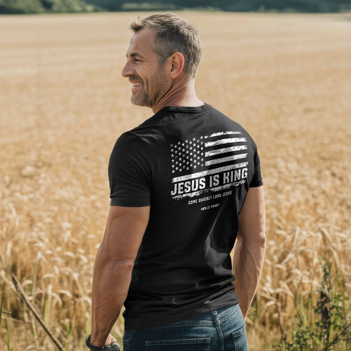HOLD FAST Mens T-Shirt Jesus Is King Flag