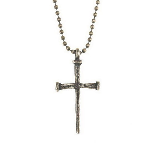 Pewter Oxidized Plate Nail Cross Necklace, 24" Chain