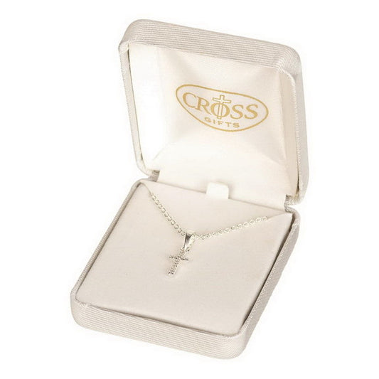 Small Cubic Zirconia Cross Silver Necklace, 16" Chain