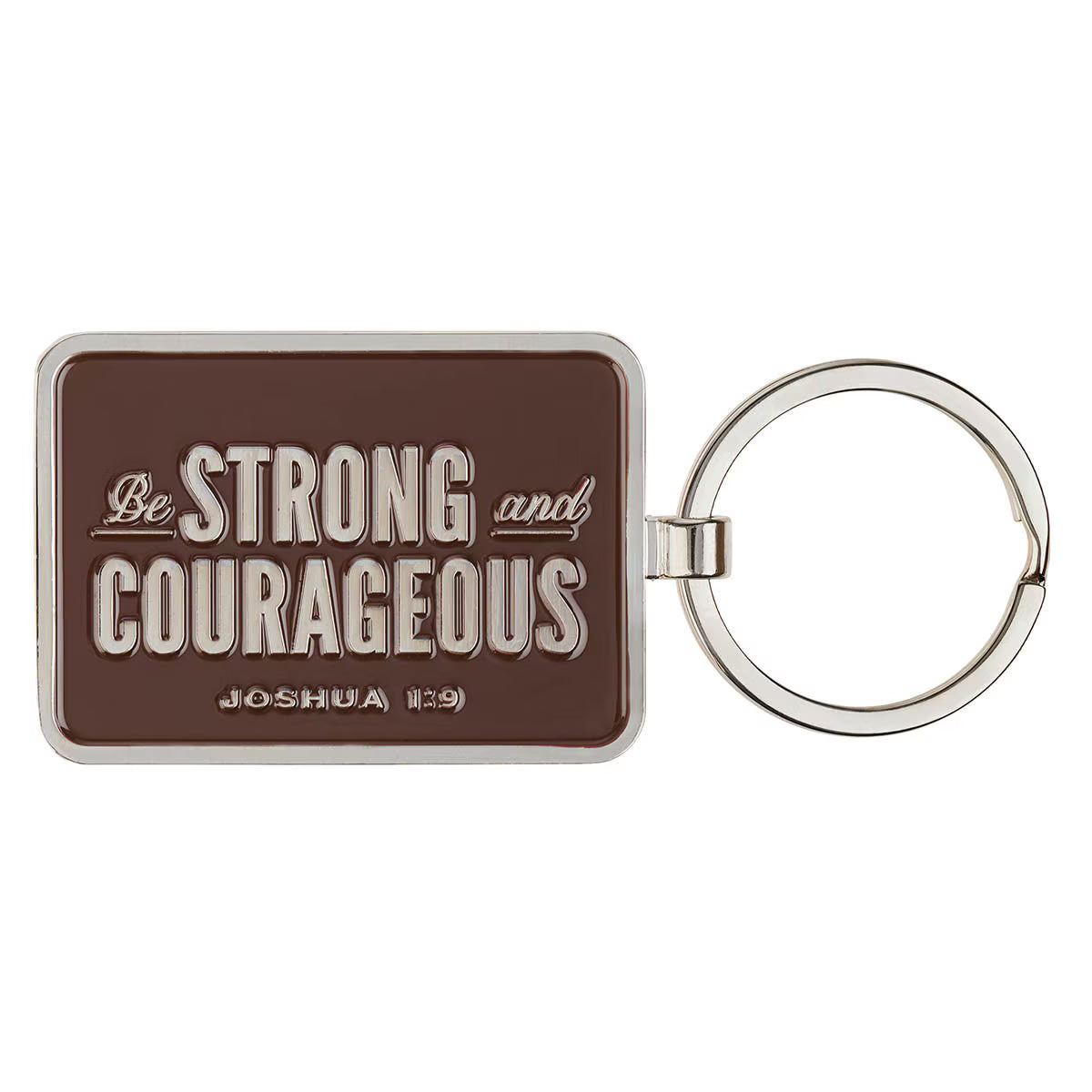 Be Strong and Courageous Brown Epoxy-filled Silver Metal Keychain - Joshua 1:9