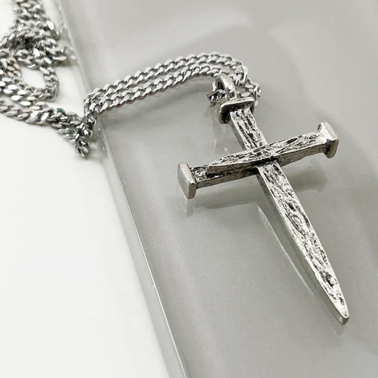 Nail Cross Large Rugged Antique Finish Ball Chain Necklace