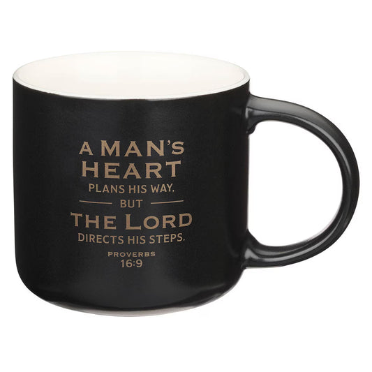 A Man's Heart Black Ceramic Coffee Mug - Proverbs 16:9
