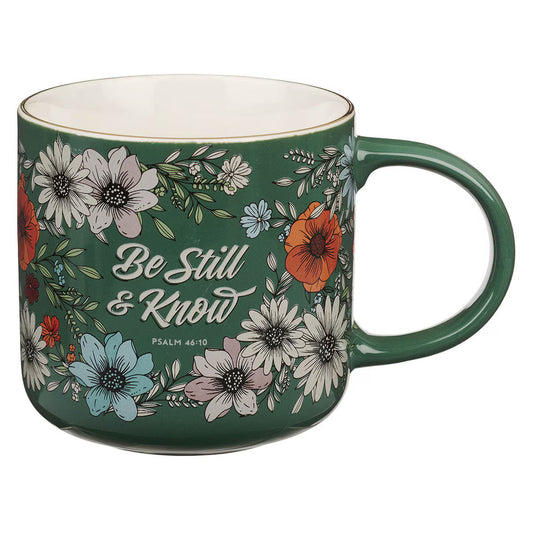 Be Still Teal Botanical Ceramic Coffee Mug - Psalm 46:10