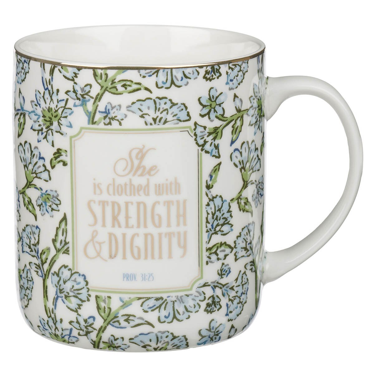 Strength and Dignity Blue Cottage Garden Ceramic Coffee Mug - Proverbs 31:25