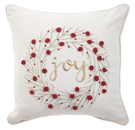 Embroidered Wreath Throw Pillow -Joy