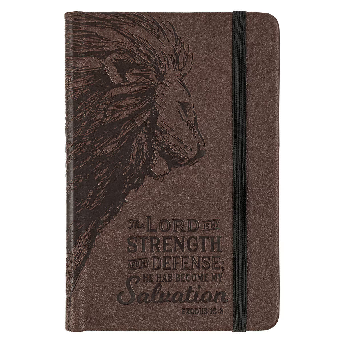Strength and Defense Lion Walnut-Brown Faux Leather Hardcover Notebook with Elastic Band Closure - Exodus 15:2 Image FeatureA