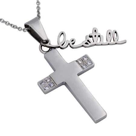 Women's Necklace- CZ Handwriting Cross, "Be Still"