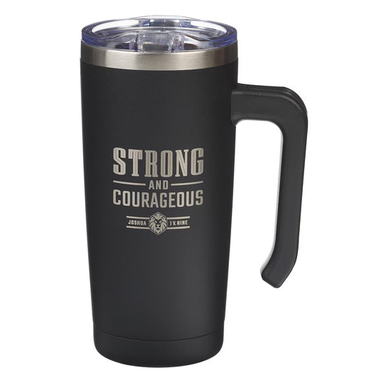 Strong and Courageous Black Stainless Steel Travel Mug with Handle - Joshua 1:9