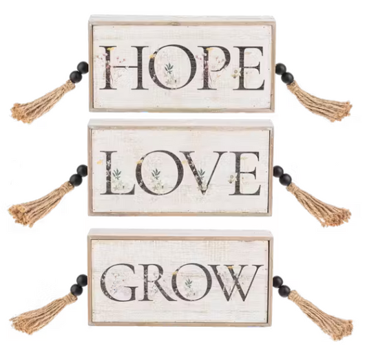 Love, Hope, Grow Message Block with Beaded Tassels