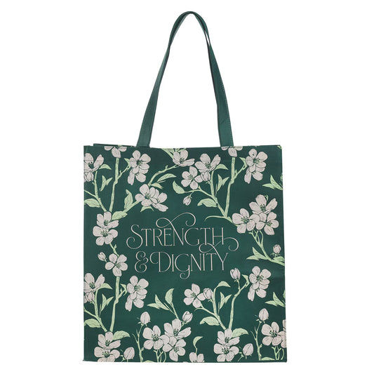 Strength and Dignity Green Floral Reusable Non-woven Shopping Tote Bag - Proverbs 31:25