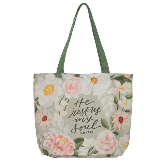 He Restores My Soul Green Floral Garden Tote Bag - Psalm 23:3