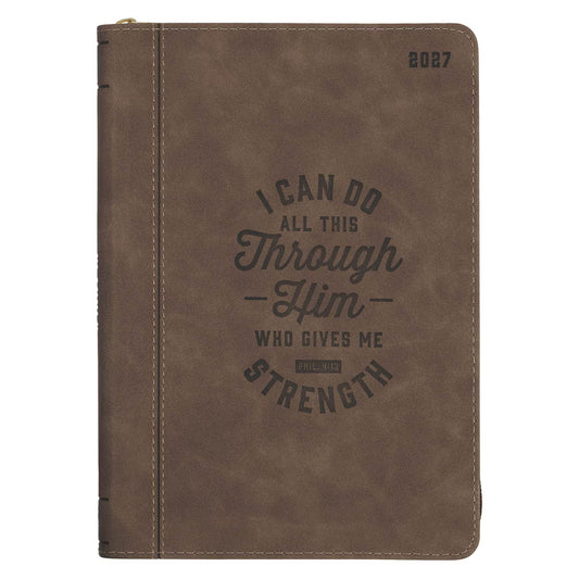 2027 I Can Do All This Truffle Brown Faux Leather Executive Planner with Zipper Closure - Philippians 4:13