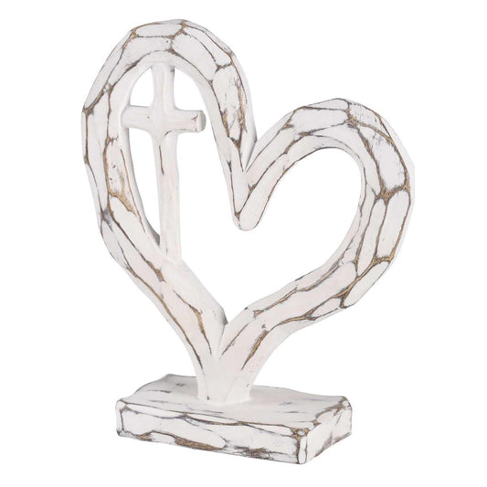 Tabletop Heart With Cross White 6H