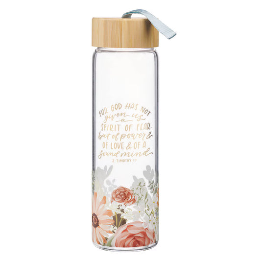 No Fear Pink Floral Glass Water Bottle with Bamboo Lid - 2 Timothy 1:7