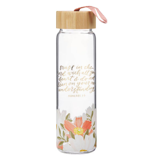 Trust in the Lord Orange Floral Glass Water Bottle with Bamboo Lid - Proverbs 3:5