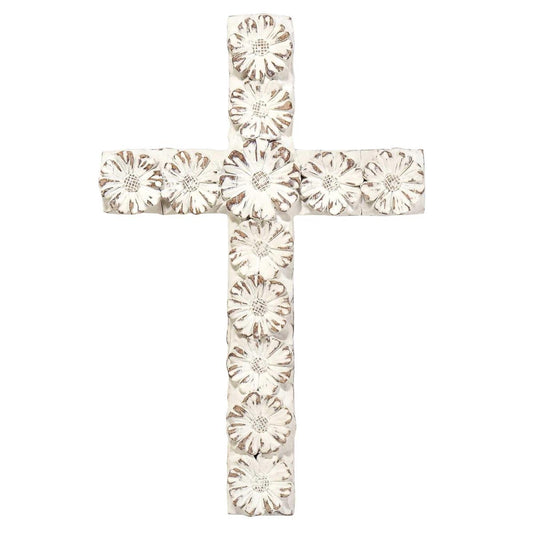 WHITE FLORAL RESIN WALL CROSS 10"