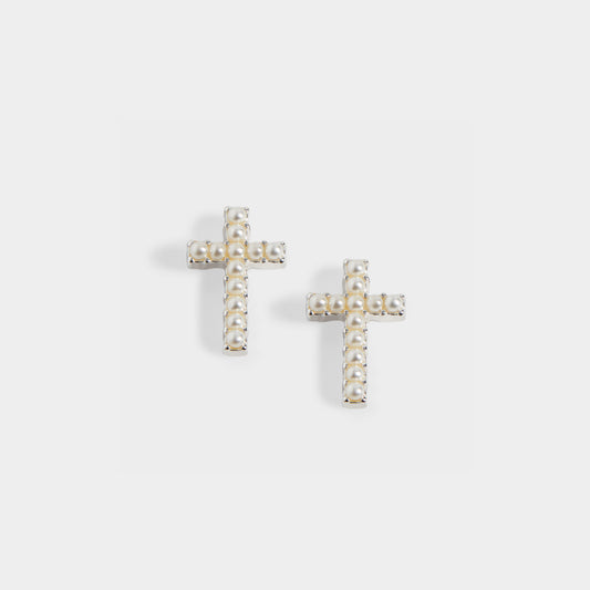 Whispers Small Cross w/ Pearls Stud Earrings - Silver