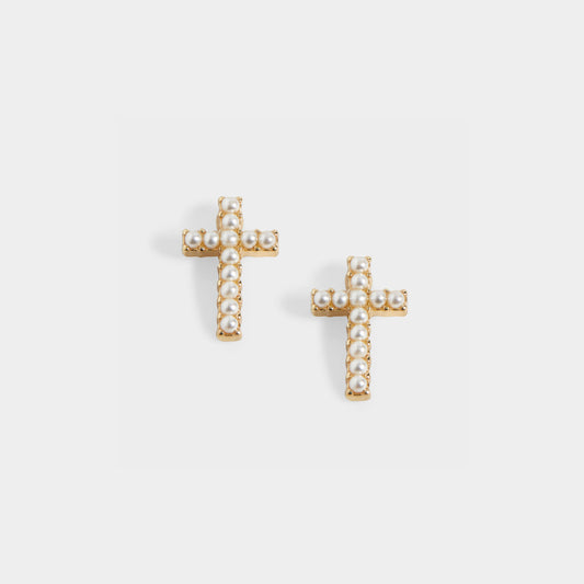 Whispers Small Cross w/ Pearls Stud Earrings - Gold