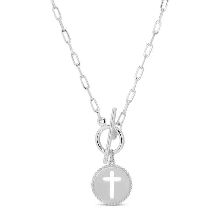 Cross Paperclip Toggle Necklace, Silver