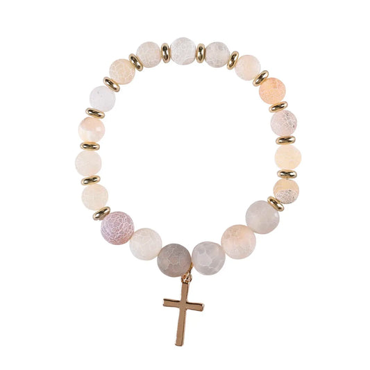 Stretch Bracelet Ecru Stones W/Cross