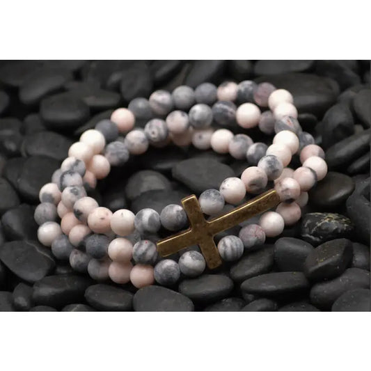 Cross Pink/Grey 3 Strand Bracelet