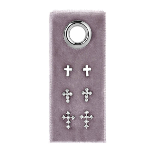 Earrings - Multi Cross Velvet Set/3 Stud Gift Set: Silver