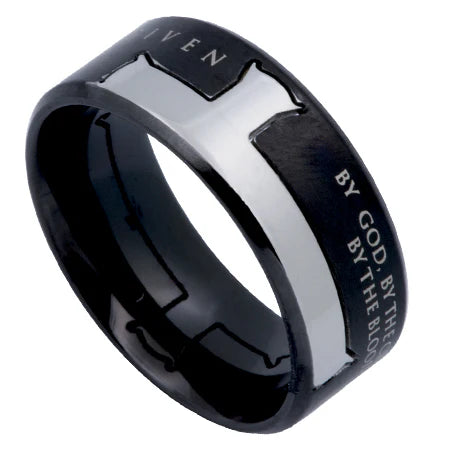 Men's Ring- Black Iron Cross, "Forgiven by God"