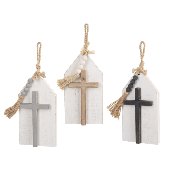 Layered Cross on House Wall Decor with Beaded Tassel