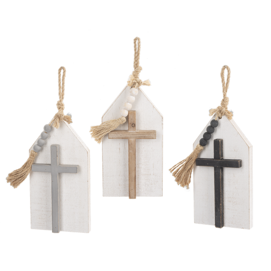 Layered Cross on House Wall Decor with Beaded Tassel