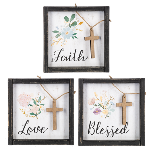 Blessed, Love, Faith Wall Decor with Hanging Cross