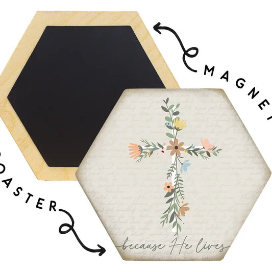 Floral Cross He Lives - Honeycomb Coasters