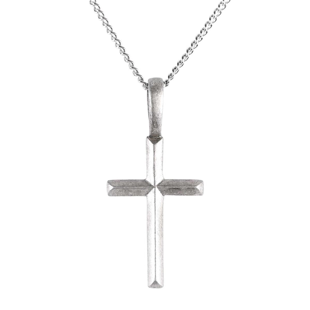 Pewter Bevel Cross Necklace, 18" Chain