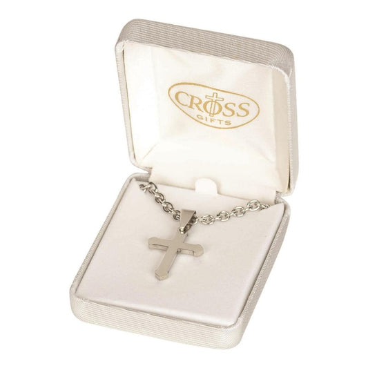 Stainless Steel Bud Cross Necklace, 18" Chain