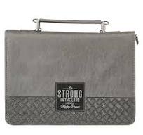 Be Strong in the Lord Gray and Black Faux Leather Classic Bible Cover - Ephesians 6:10 Large