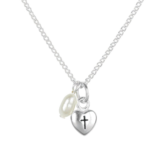 Heart Cross W/ Pearl Drop Silver Necklace, 16" Chain