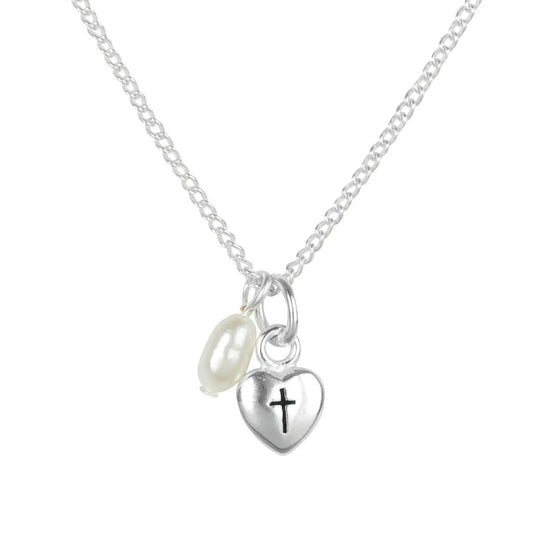 Necklace-Heart/Cross+Pearl Drop Silver Plated, 3/16"