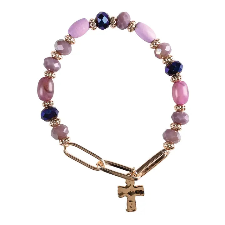 Bracelet Purple Multi Bead with Cross