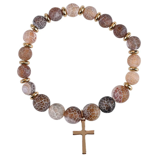 Stretch Bracelet Brown Stones W/Cross