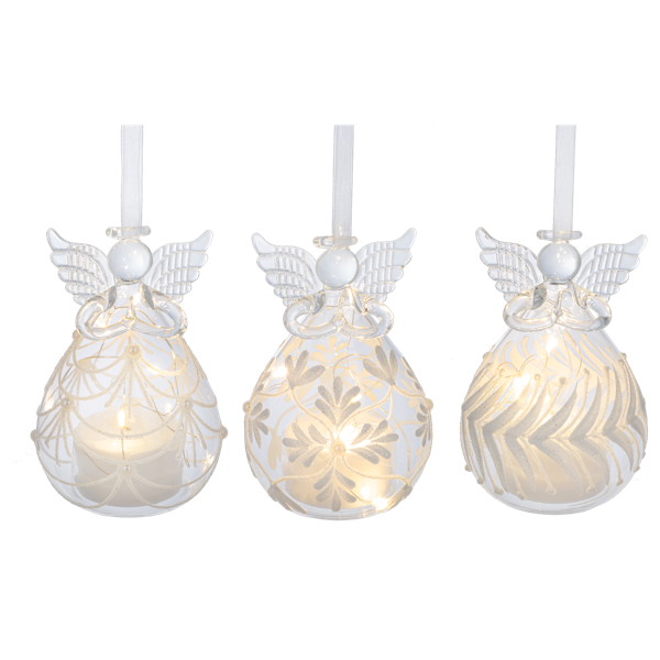LED White Glitter Glass Angel Ornament