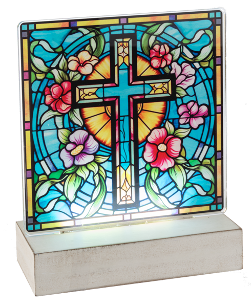 LED Light Up Stained Glass Cross Tabletop Decor