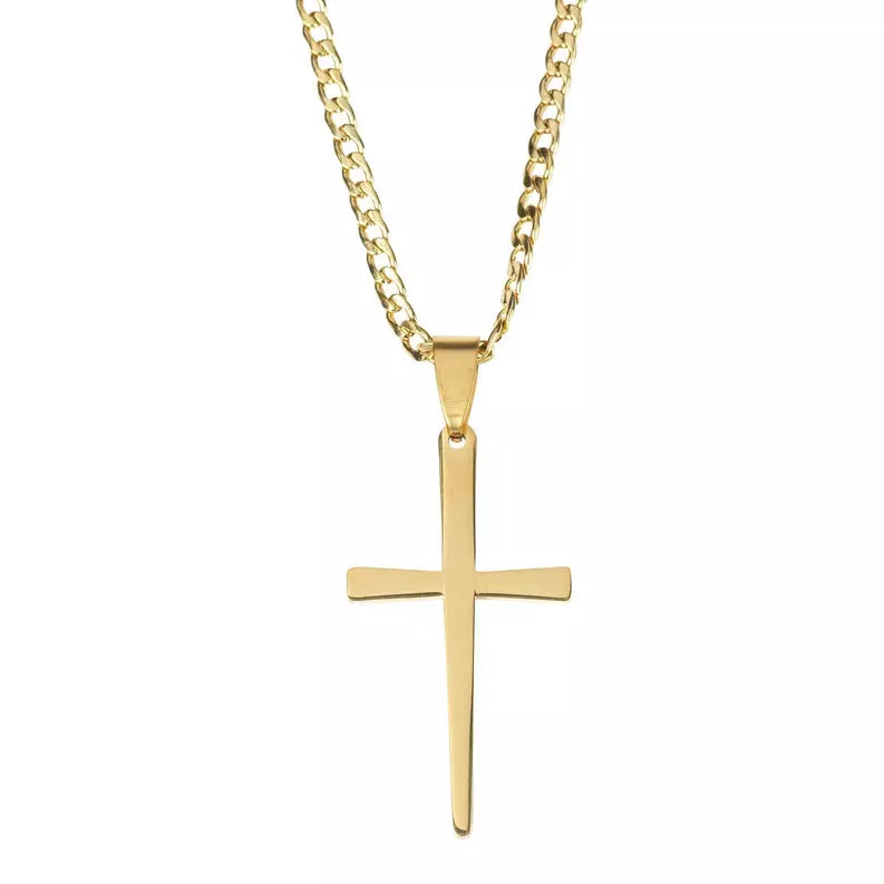 Stainless Steel, Gold Plated Taper Cross Necklace, 24" Chain